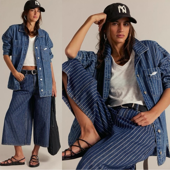 Free People Madison City Pinstripe Denim Jacket Indigo City Stripe Large NWT - Picture 1 of 13